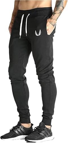 MANATSULIFE メンズ トレーニングパンツ ジム ジョガーパンツ フィットネス スリム スウェットパンツ (L, ブラック)